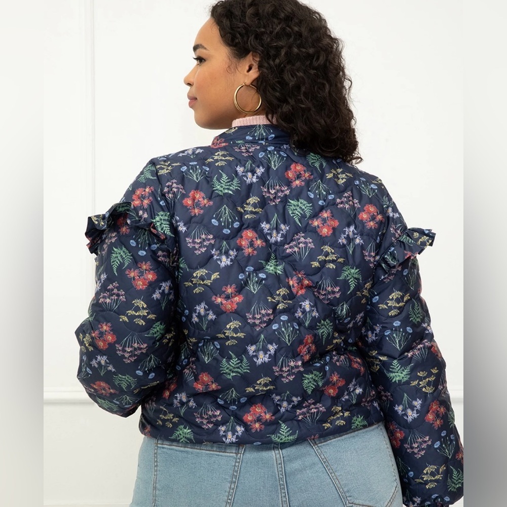 ELOQUII Elements Floral Quilted Puffer Bomber Jacket Ruffle Sleeve Size 26 / 28 - Picture 3 of 15